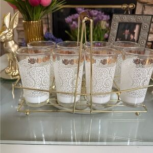 Vintage set of 8 white lace w/gold trim mid-century modern glasses/Caddie